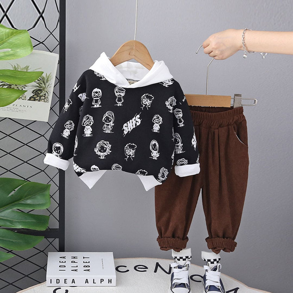 Boys Black Hooded Printed Sweatshirt With Corduroy Trouser Set Sets Black 1-2 Y 