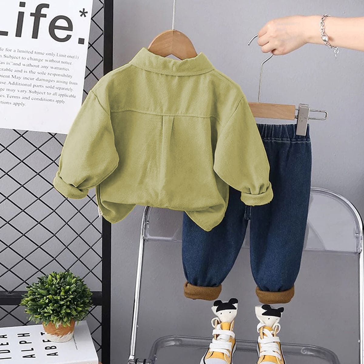 Boys Green Long Sleeves Shirt With Distress Denim Jeans Set Sets   