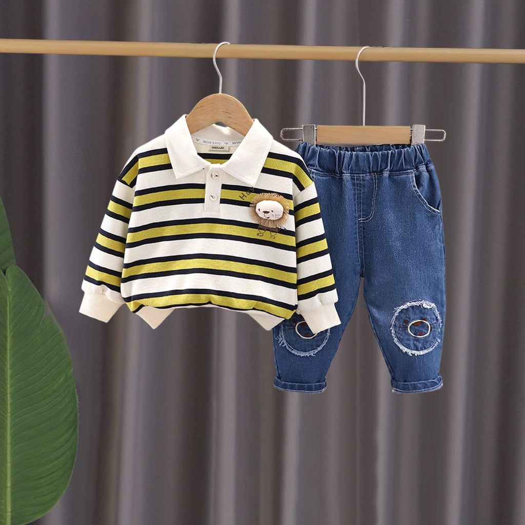 Boys Yellow Striped Polo T-Shirt With Denim Jeans Set Sets Yellow 1-2 Y 