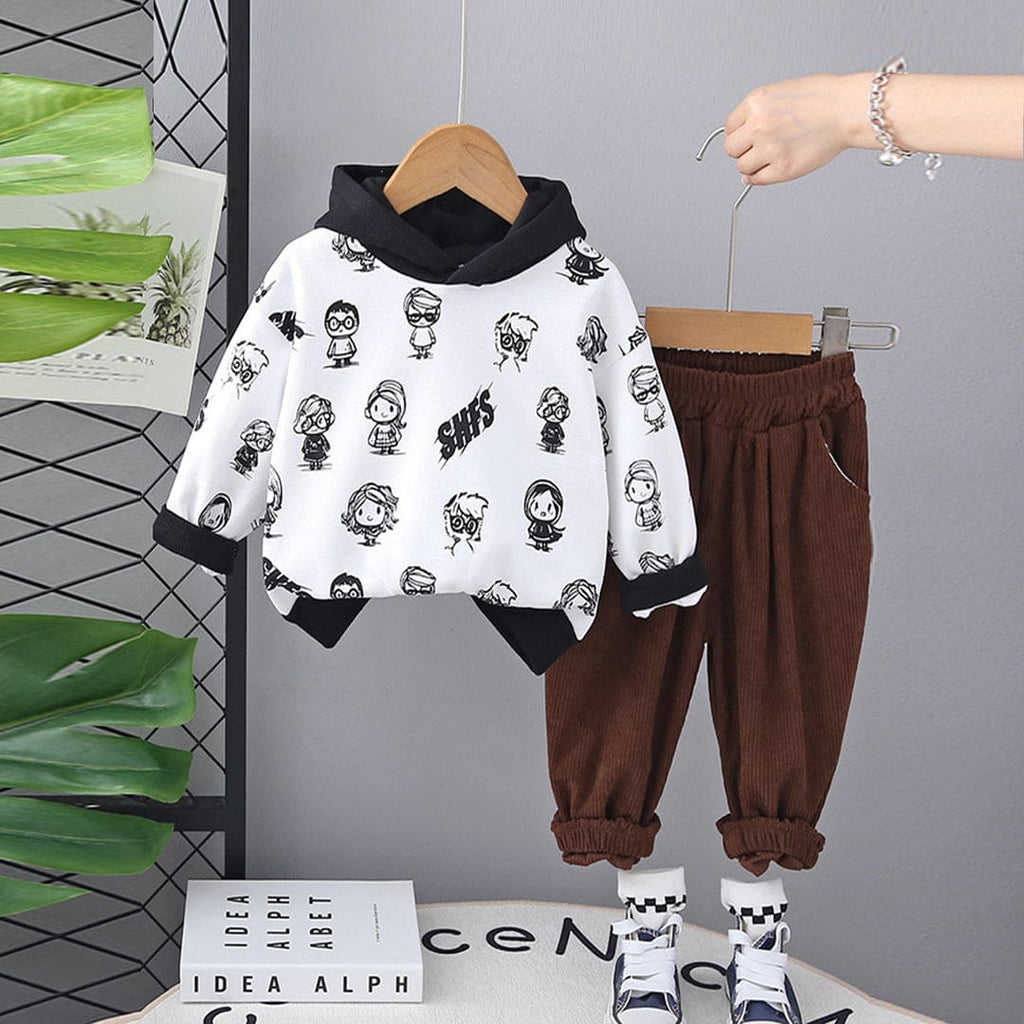 Boys White Printed Hooded Sweatshirt With Corduroy Trouser Set Sets White 1-2 Y 