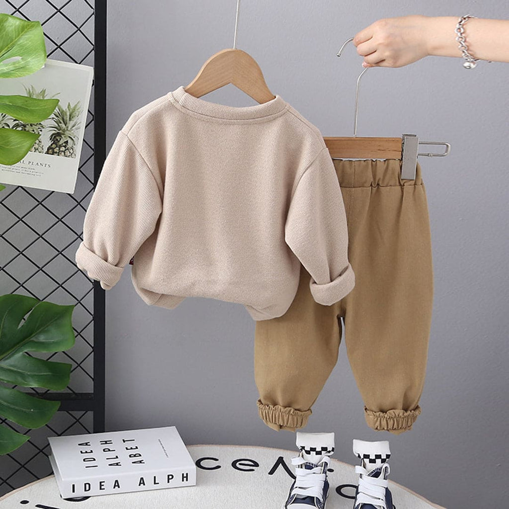 Boys Khaki Cartoon Print Sweatshirt With Trouser Set Sets   