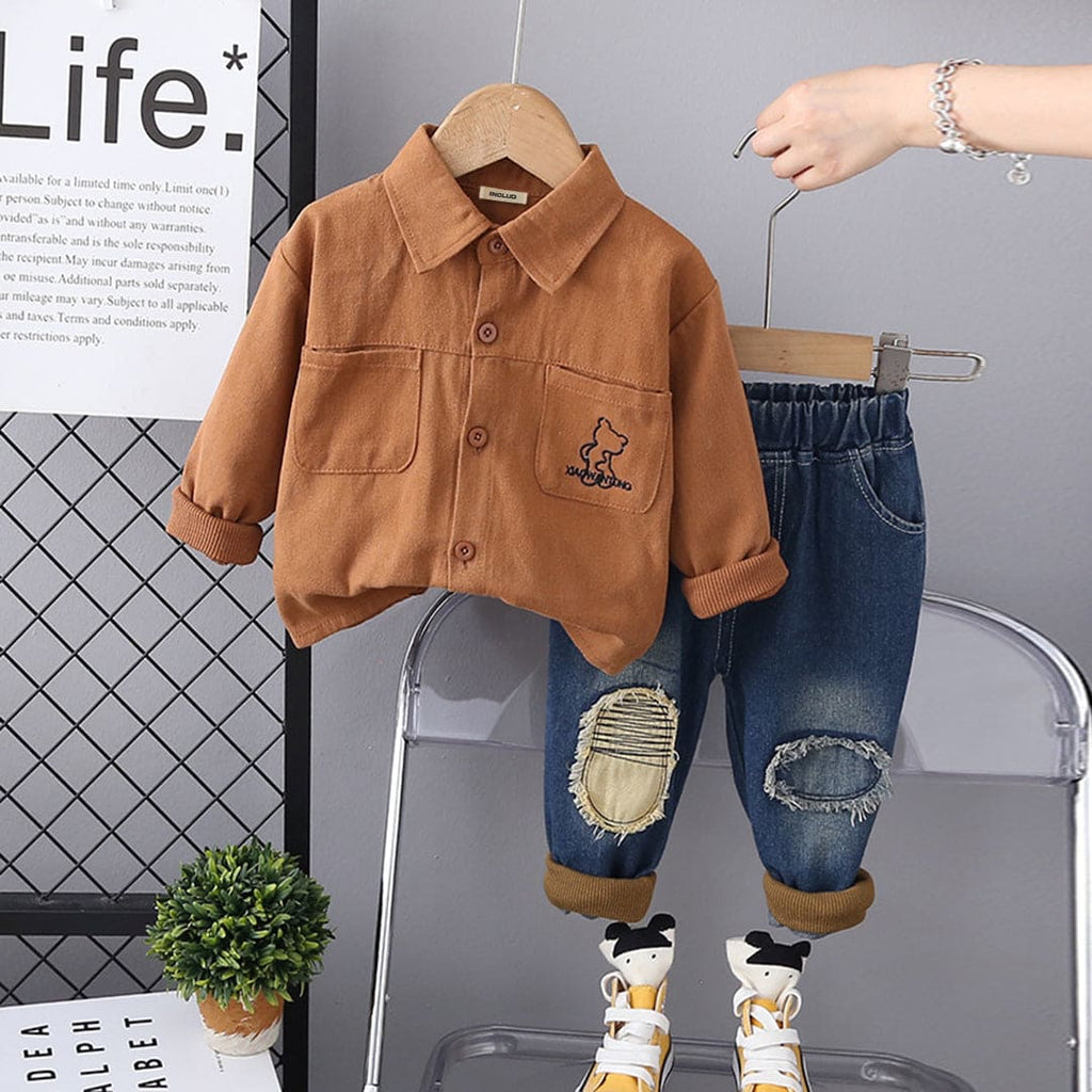 Boys Brown Long Sleeves Shirt With Distress Denim Jeans Set Sets Brown 1-2 Y 