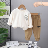 Boys Beige Cartoon Print Sweatshirt With Trouser Set