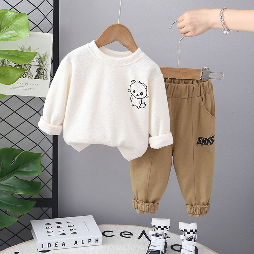 Boys Beige Cartoon Print Sweatshirt With Trouser Set Sets Beige 1-2 Y 