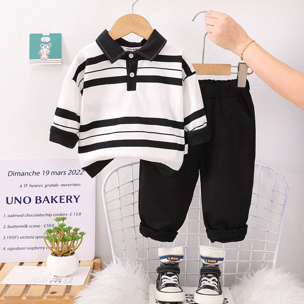 Boys Striped Long Sleeves Polo T-Shirt With Trouser Set Sets White 1-2 Y 