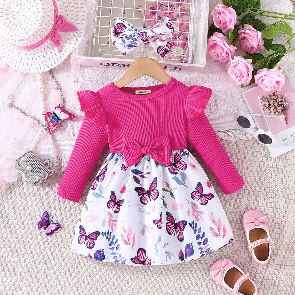 Girls Pink Long Sleeve Butterfly Printed Dress With Bow Casual Dresses Pink 6-9 M 