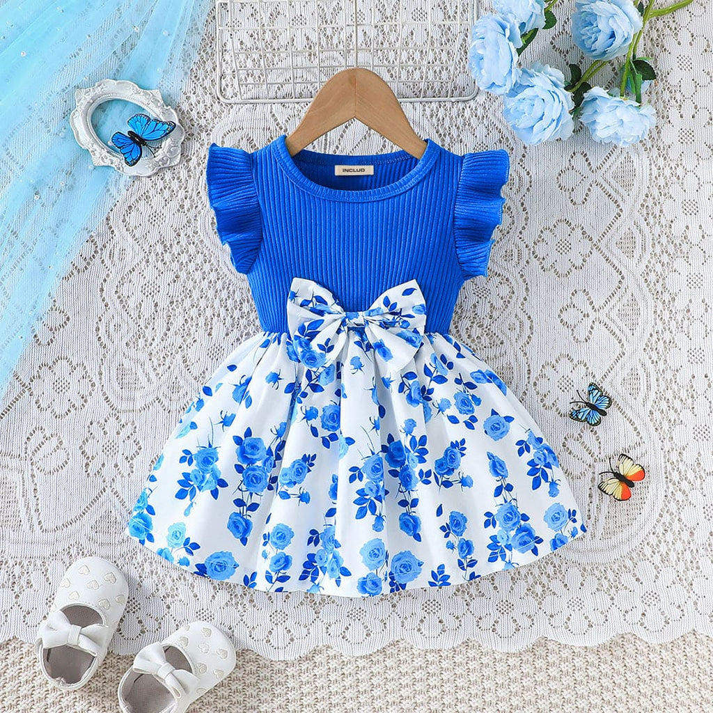 Girls Blue Flower Printed Dress With Bow Casual Dresses Blue 6-9 M 