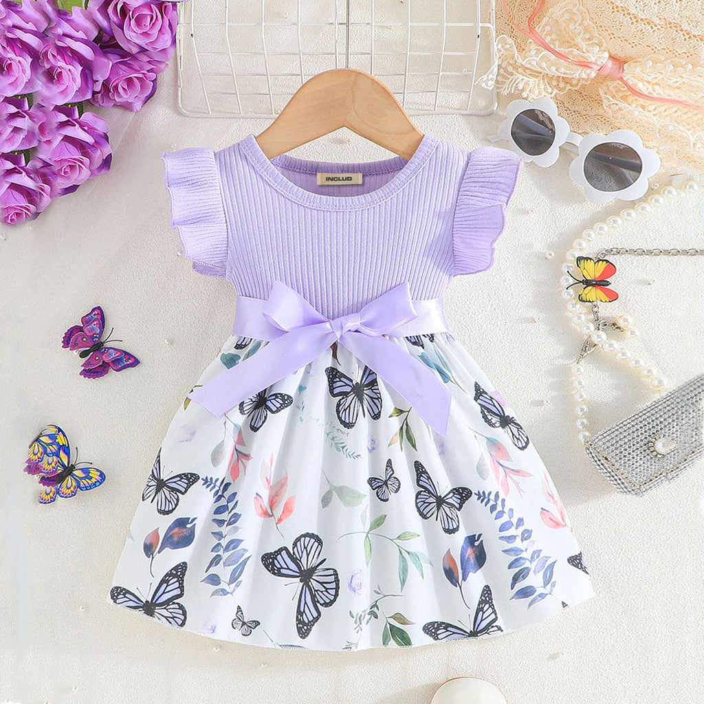 Girls Purple Butterfly Print Dress With Belt Casual Dresses Purple 12-18 M 