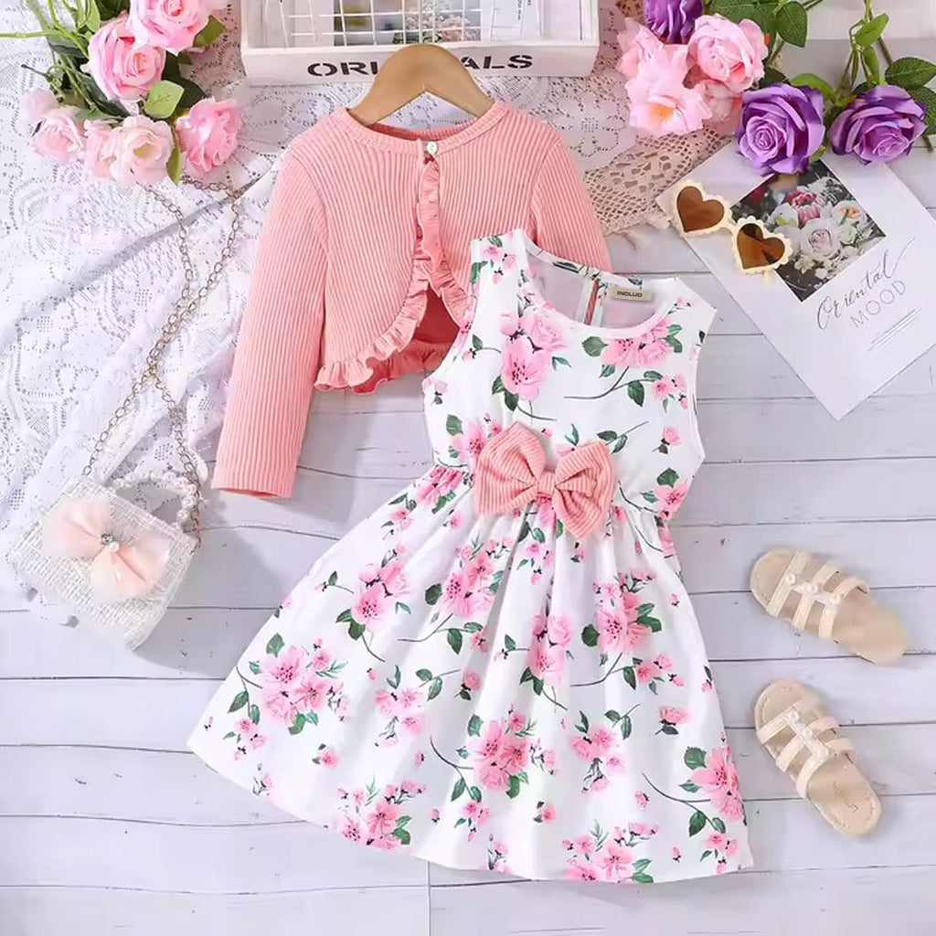 Girls Flower Printed Sleeveless Dress With Pink Shrug Casual Dresses Pink 4-5 Y 