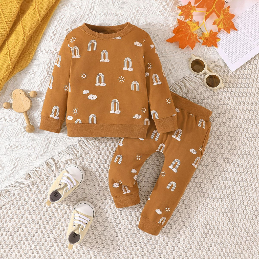 Boys Brown Long Sleeve Printed Sweatshirt With Pants Set Sets Brown 6-9 M 