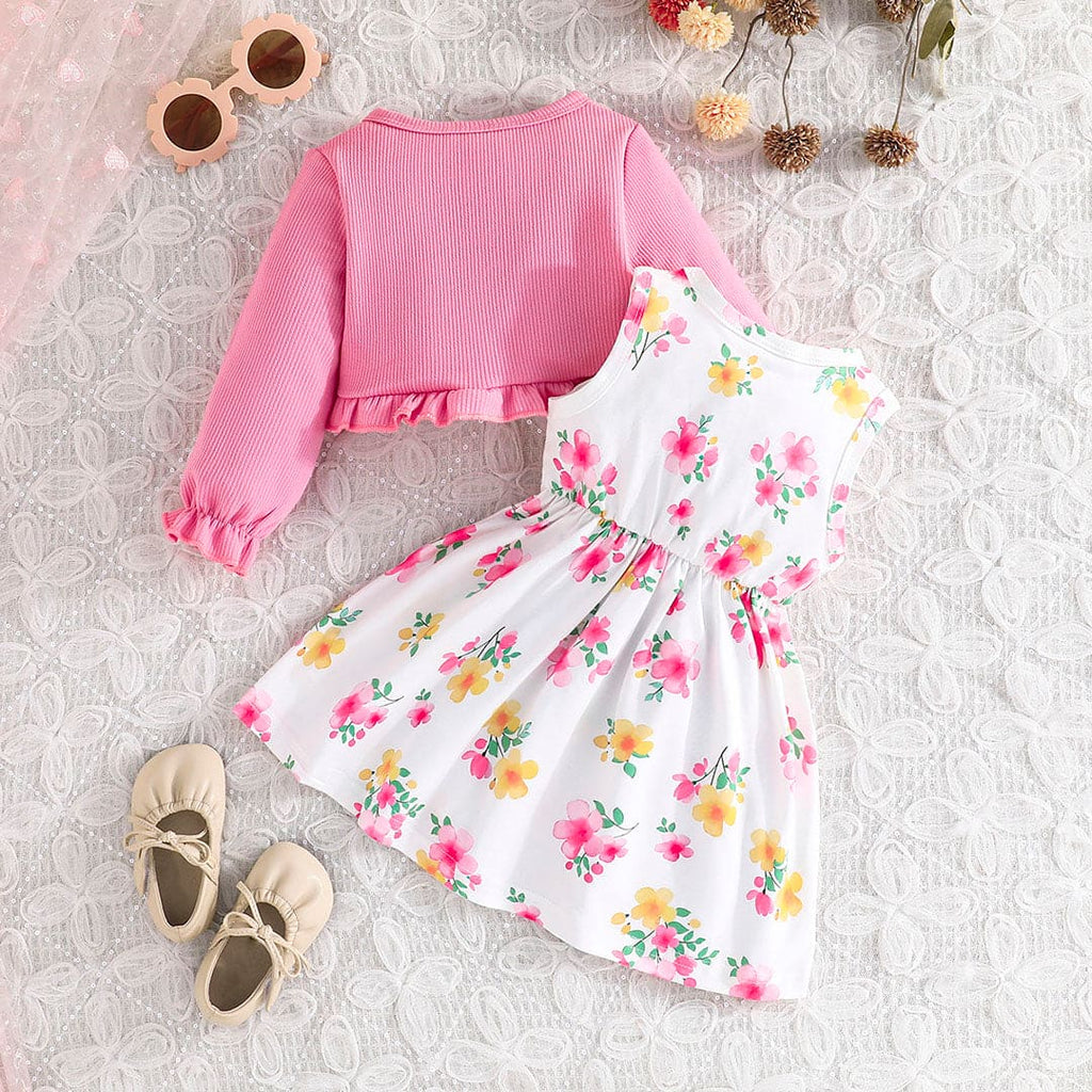 Girls Pink Floral Print Sleeveless Dress With Long Sleeve Shrug Casual Dresses Pink 6-9 M 