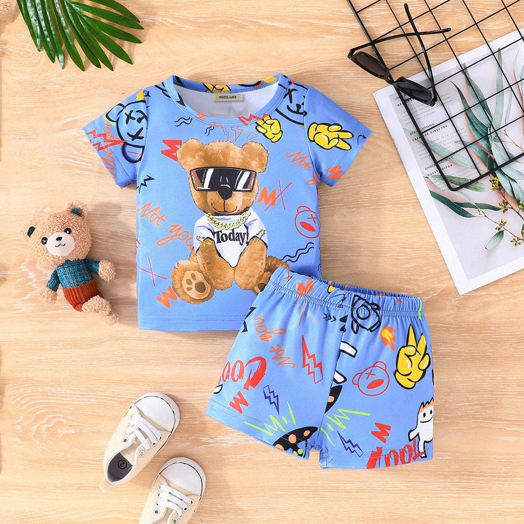 Boys Blue Printed Short Sleeves T-shirt with Shorts Set Sets Blue 6-9 M 