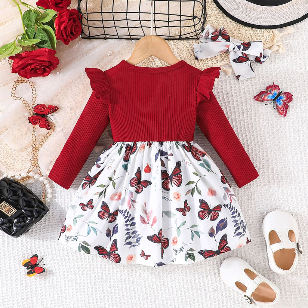 Girls Red Long Sleeve Butterfly Printed Dress With Bow Casual Dresses Red 6-9 M 