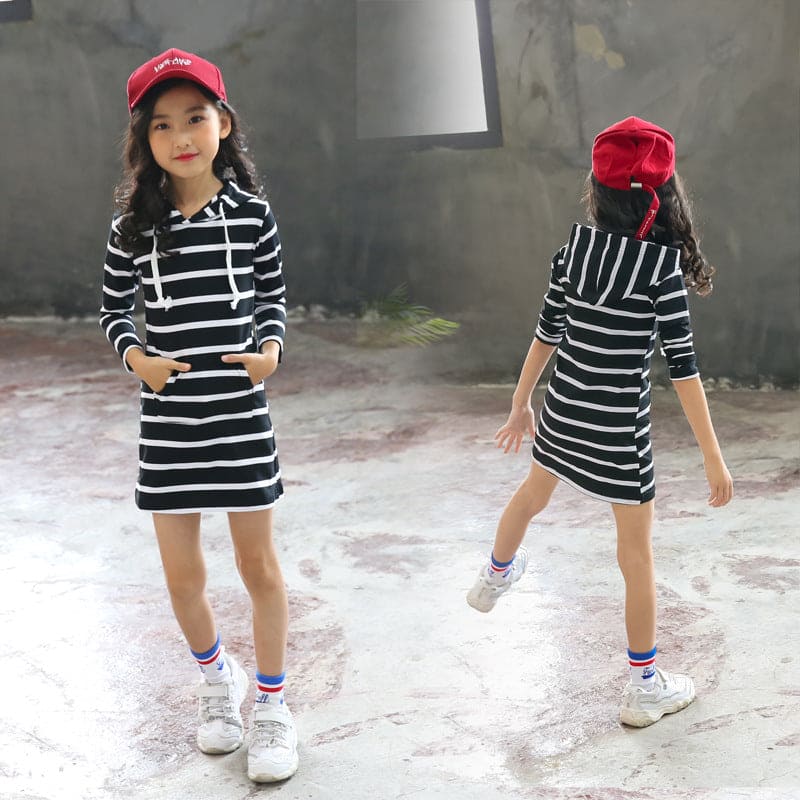 Girls Long Sleeve Black Striped Bodycon Hooded Dress Casual Dresses Black 1-2 Y 