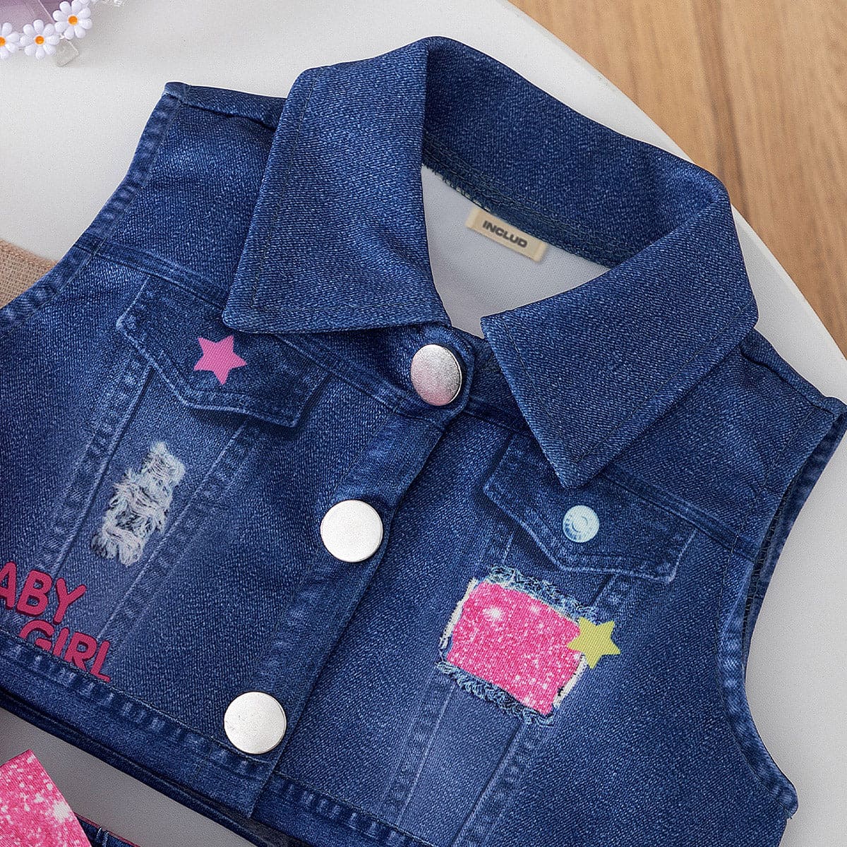 Girls Pink Graphic T-Shirt With Sleeveless Denim Jacket And Pants Set Sets   
