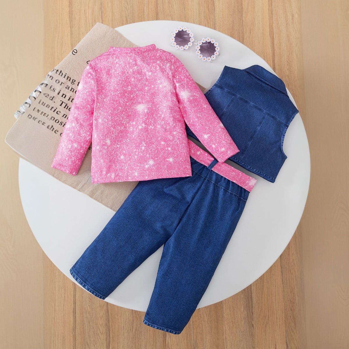 Girls Pink Graphic T-Shirt With Sleeveless Denim Jacket And Pants Set Sets   