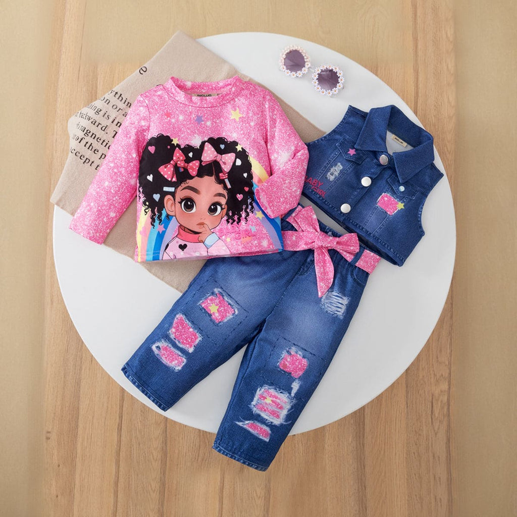 Girls Pink Graphic T-Shirt With Sleeveless Denim Jacket And Pants Set Sets Pink 6-9 M 