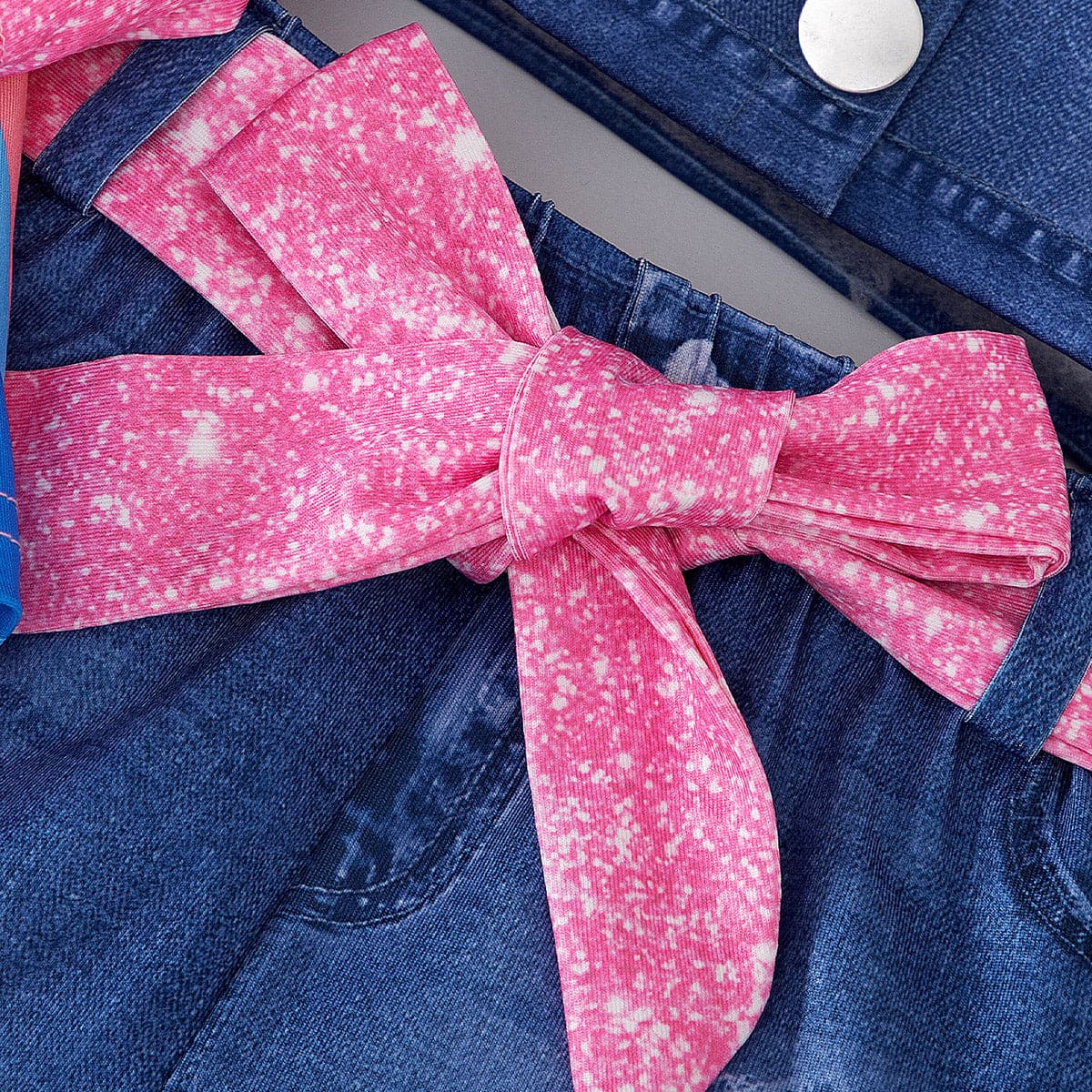 Girls Pink Graphic T-Shirt With Sleeveless Denim Jacket And Pants Set Sets   