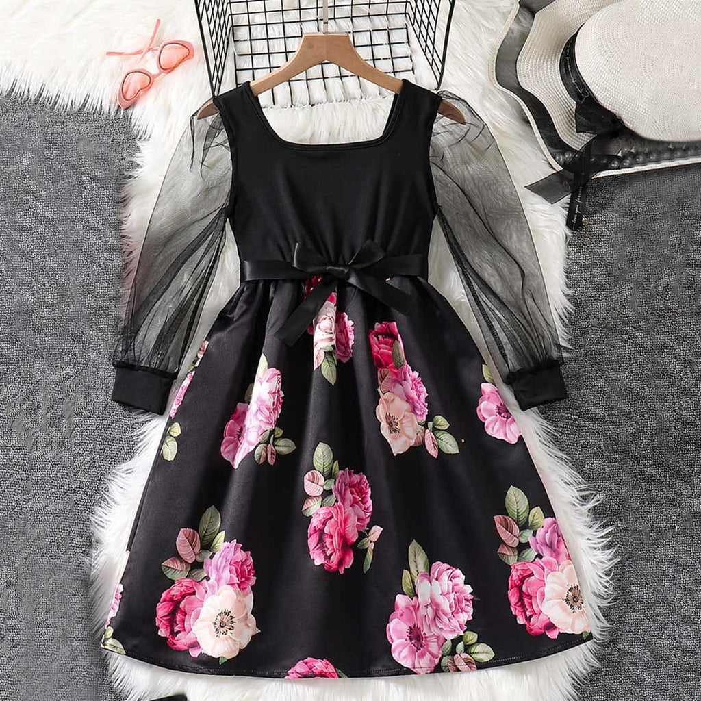 Girls Black Long Sleeve Floral Print Fit & Flare Dresses Casual Dresses Black 8-9 Y 