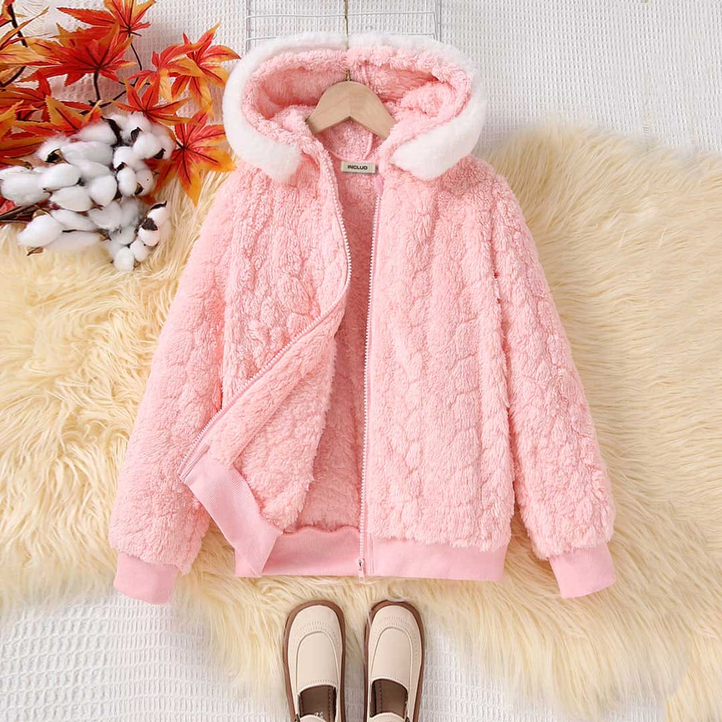 Girls Pink Fleece Winterwear Hooded Jacket Coats & Jackets Pink 4-5 Y 