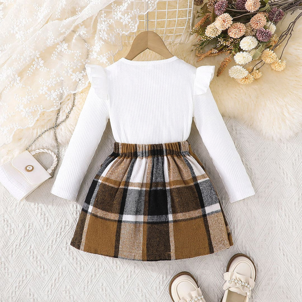 Girls Long Sleeve Top With Brown Check Skirt Set Sets Brown 2-3 Y 