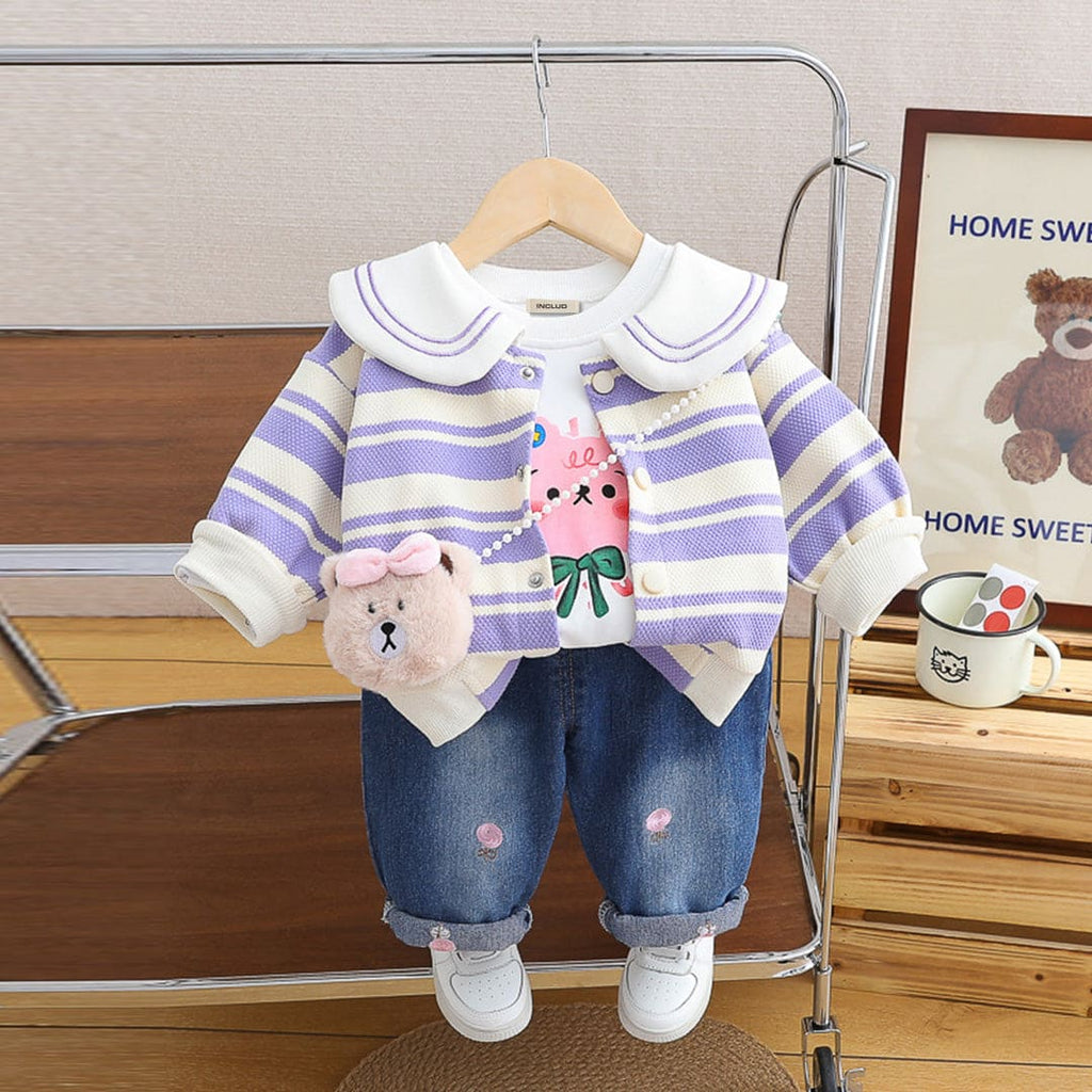 Girls Purple Striped Peter Pan Collar Cardigan With T-shirt & Jeans Set Sets Purple 1-2 Y 