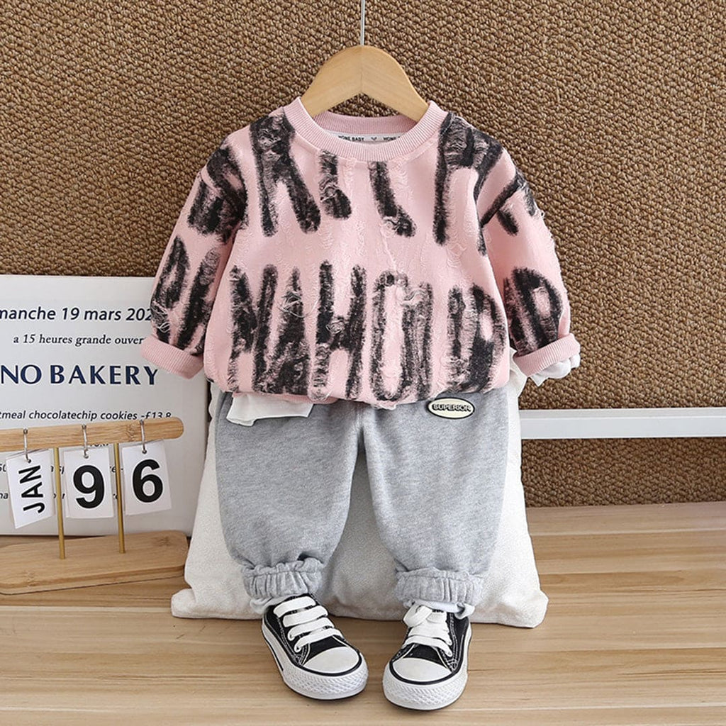 Boys Printed Long Sleeves Pink Sweatshirt With Trouser Set Sets   