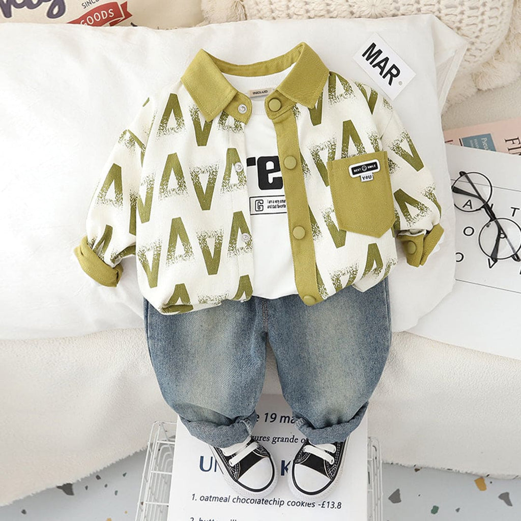 Boys Green Printed Shirt With T-Shirt & Denim Pants Set Sets Green 1-2 Y 