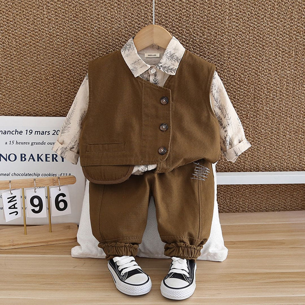 Boys Light Brown Printed Shirt With Sleeveless Waistcoat & Trouser Set Sets Light Brown 1-2 Y 