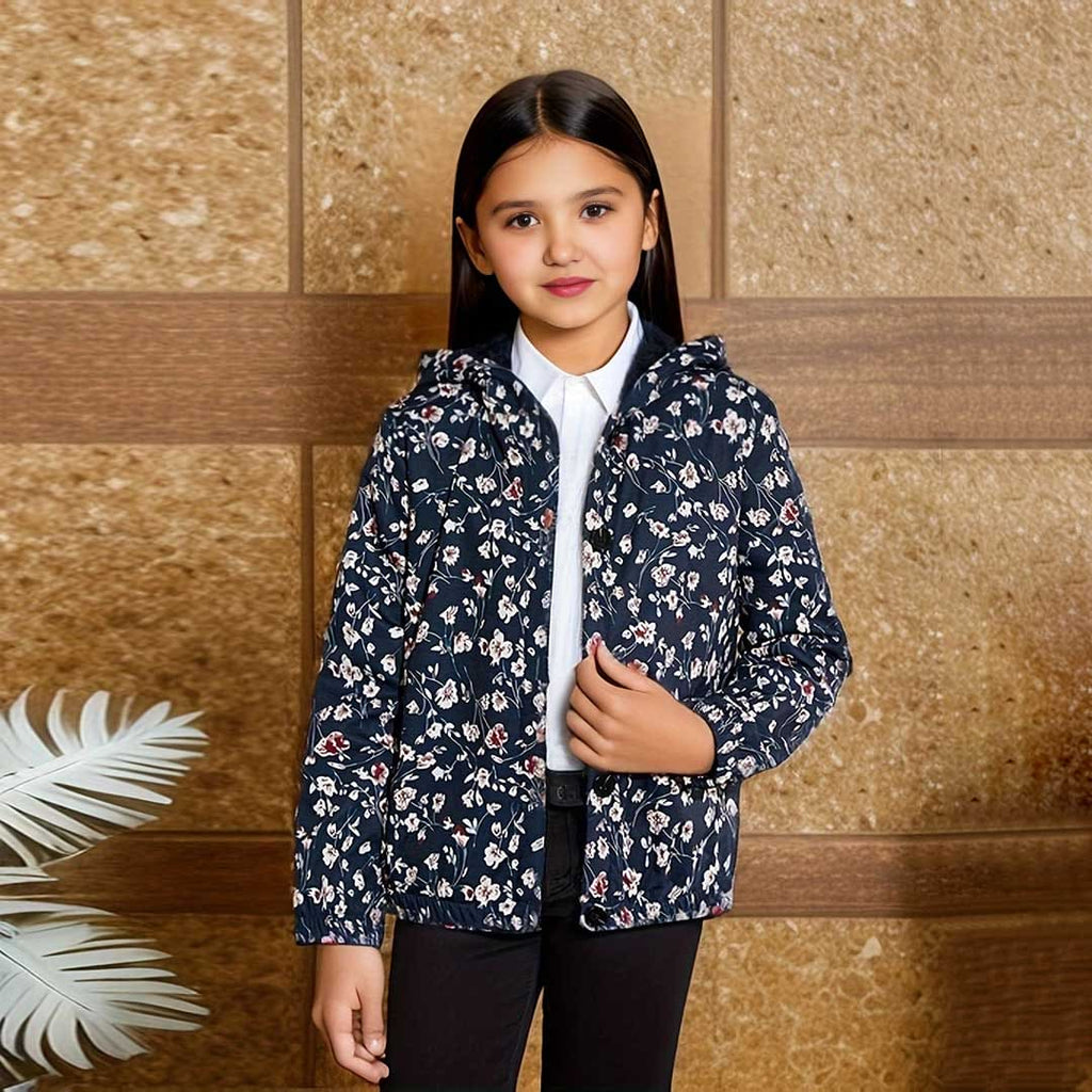 Girls Dark Blue Floral Printed Long Sleeve Jackets Coats & Jackets Dark Blue 8-9 Y 