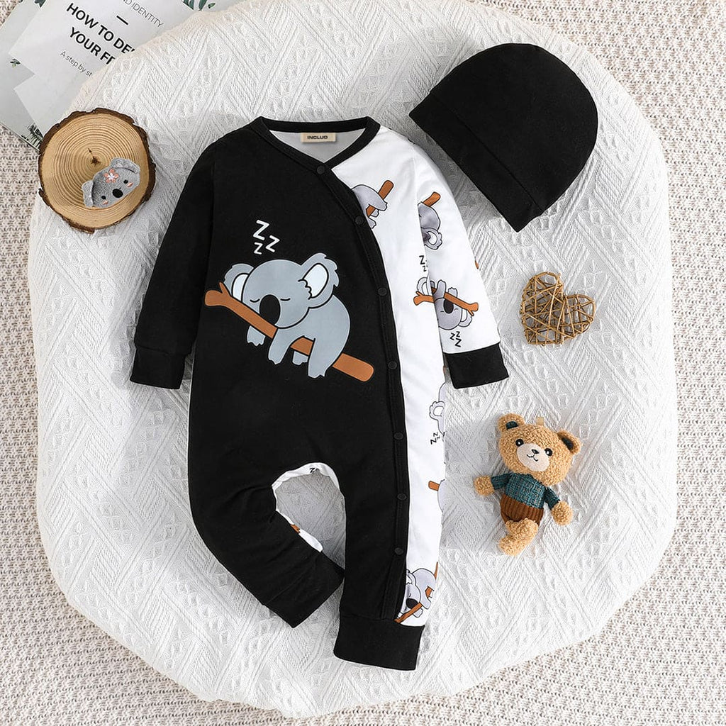 Boys Black Elephant Print Long Sleeve Romper Jumpsuits Black 3-6 M 