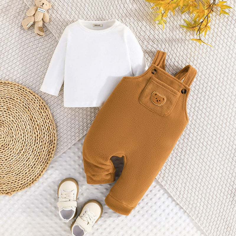 Boys Brown Bear Embroidery Romper With Long Sleeve T-Shirt Jumpsuits   