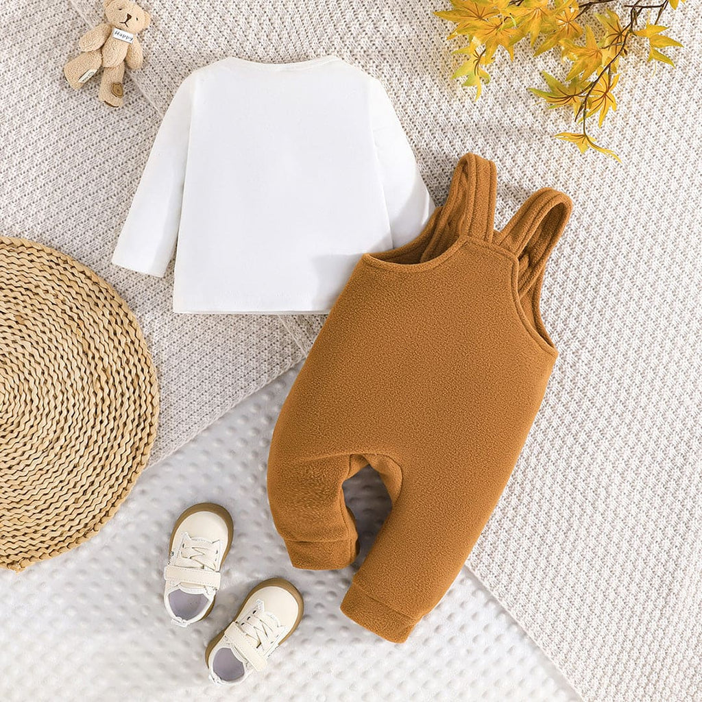 Boys Brown Bear Embroidery Romper With Long Sleeve T-Shirt Jumpsuits   