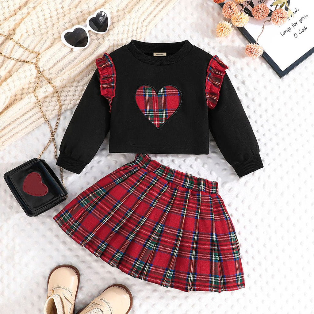 Girls Heart Embroidery Sweatshirt With Red Checked Skirt Set Sets Red 6-9 M 