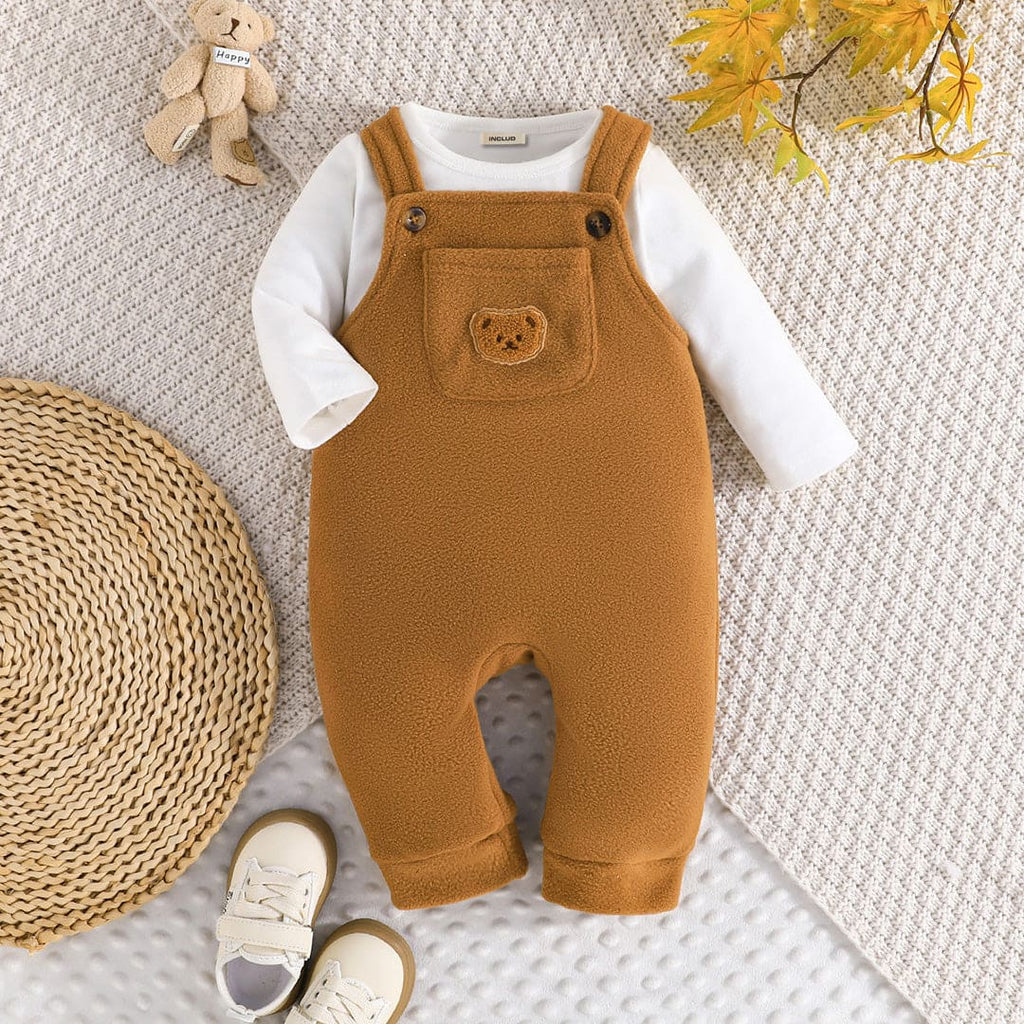 Boys Brown Bear Embroidery Romper With Long Sleeve T-Shirt Jumpsuits Brown 3-6 M 