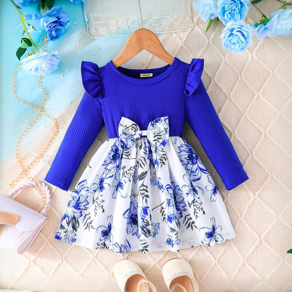 Girls Blue Floral Printed Dress With Bow Casual Dresses Blue 3-6 M 