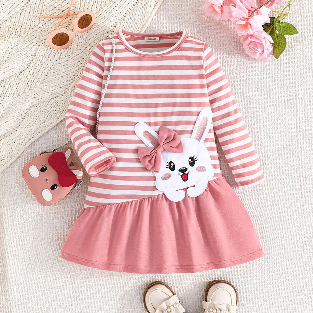 Girls Peach Stripe Print Cat Applique Dress Casual Dresses Pink 2-3 Y 