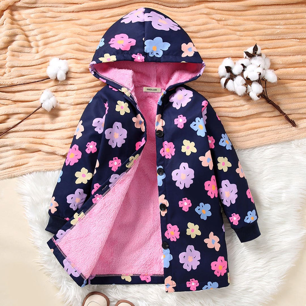 Girls Floral Print Full Sleeves Hooded Fleece Lined Jacket Coats & Jackets Multicolor 4-5 Y 