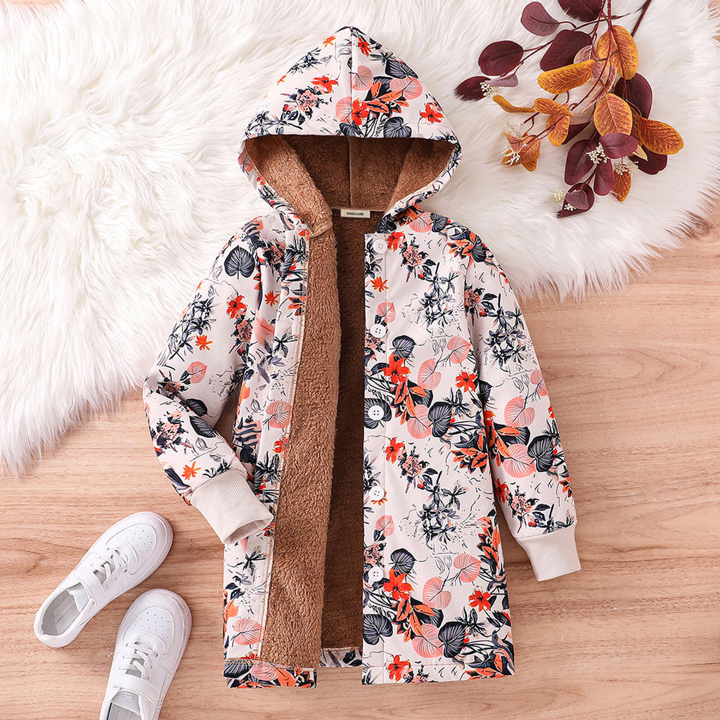 Girls Black Printed Fleece Lined Hooded Jacket