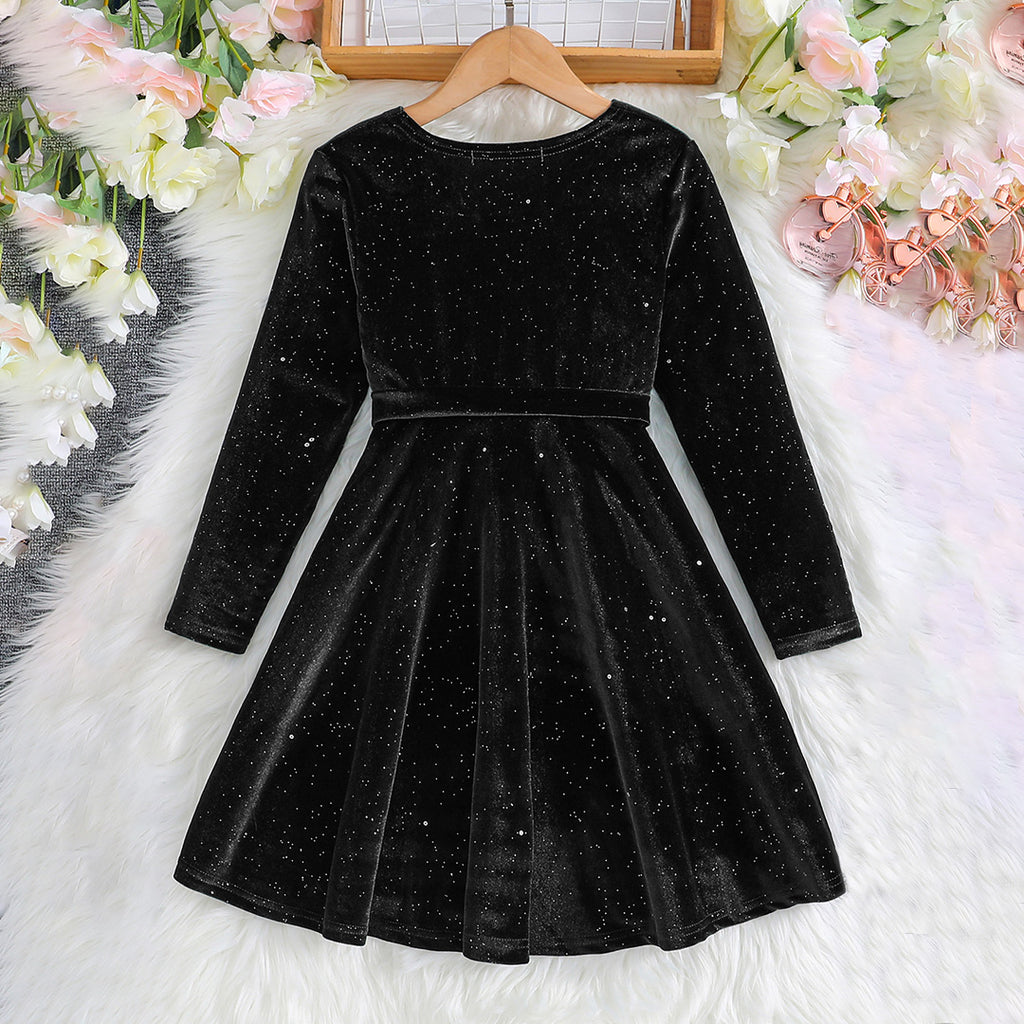 Girls Black Sparkle Fit & Flare Full Sleeves Party Dress