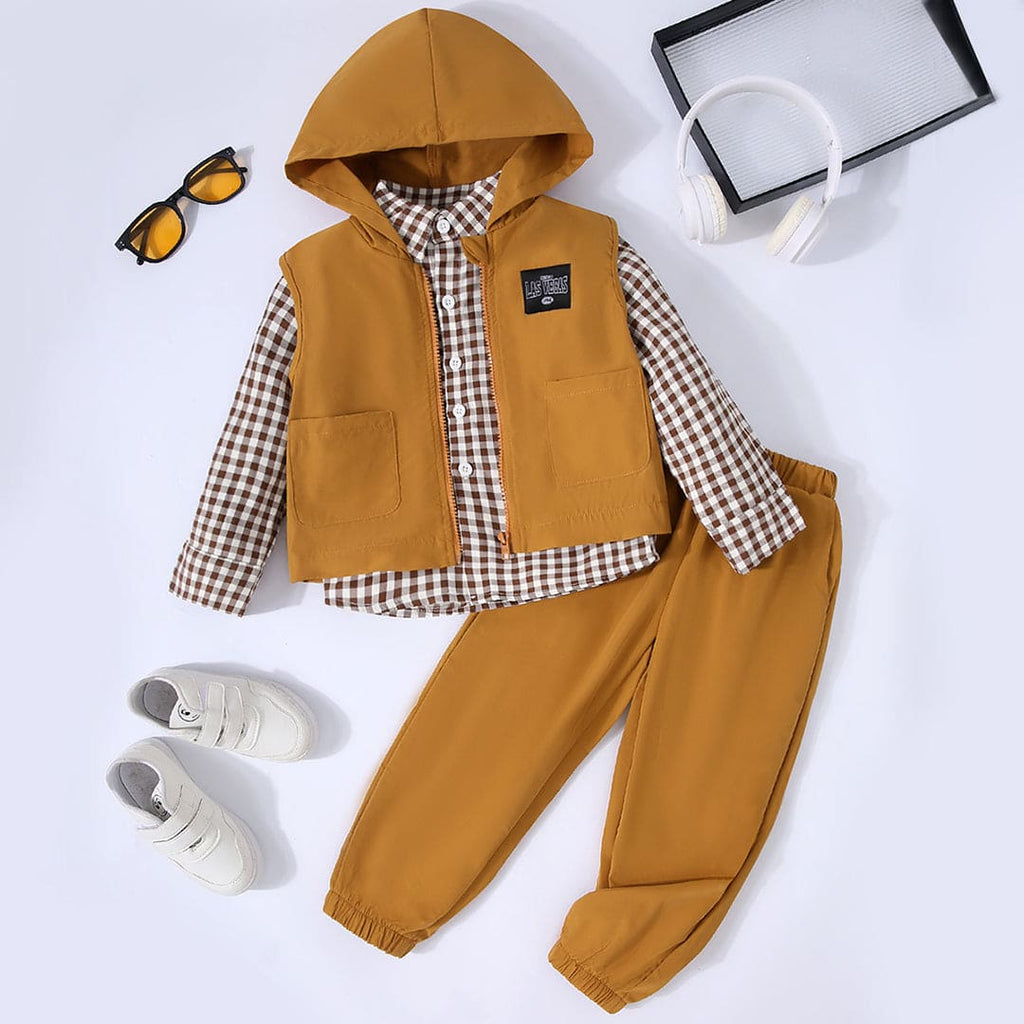 Boys Brown Sleeveless Hooded Jacket with Shirt & Trouser Set Sets Brown 4-5 Y 