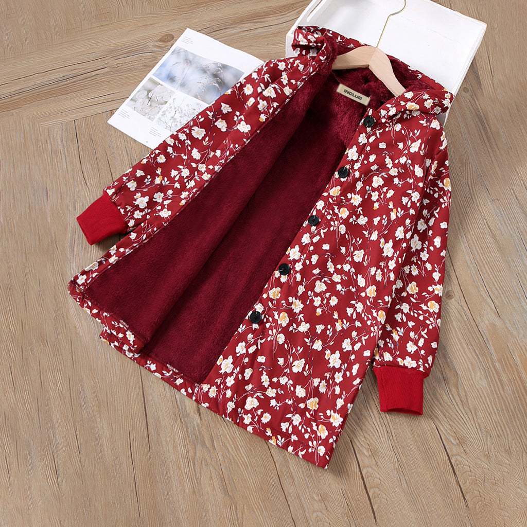 Girls Red Floral Print Cuff Sleeves Hooded Jacket Coats & Jackets Red 8-9 Y 