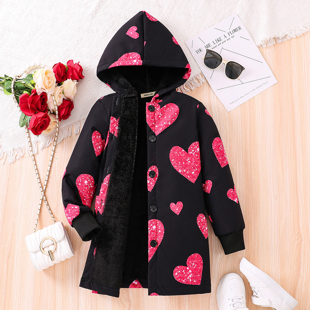 Girls Heart Print Hooded Fleece Lined Long Jacket Coats & Jackets Black 8-9 Y 