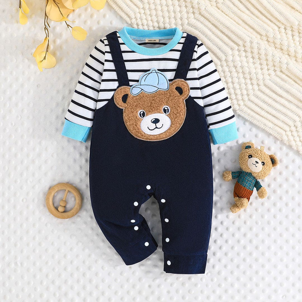 Boys Blue Striped Bear Patchwork Full Sleeves Jumpsuit Jumpsuits Blue 3-6 M 