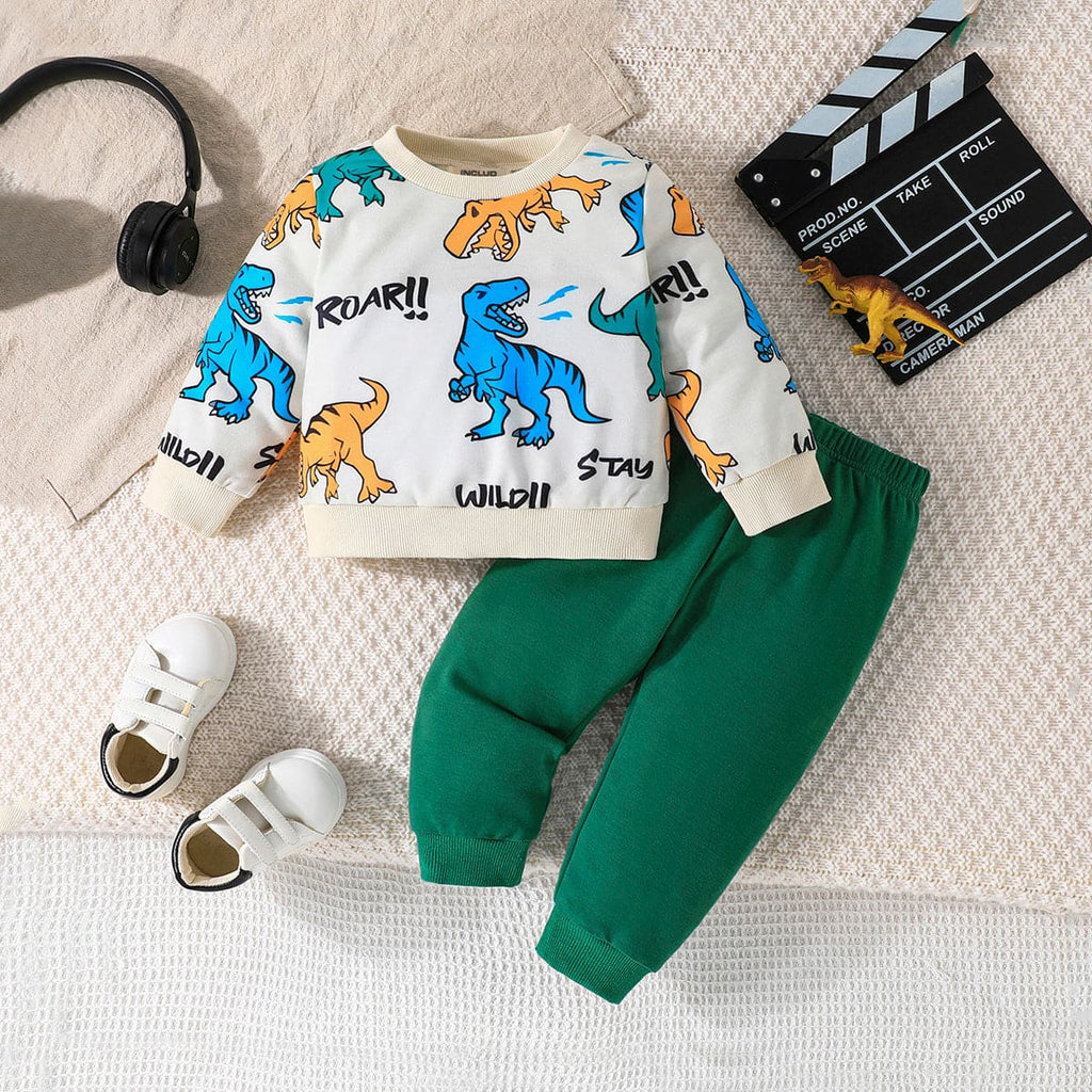 Boys Dinosaur Printed Sweatshirt With Green Trouser Set Sets Green 6-9 M 