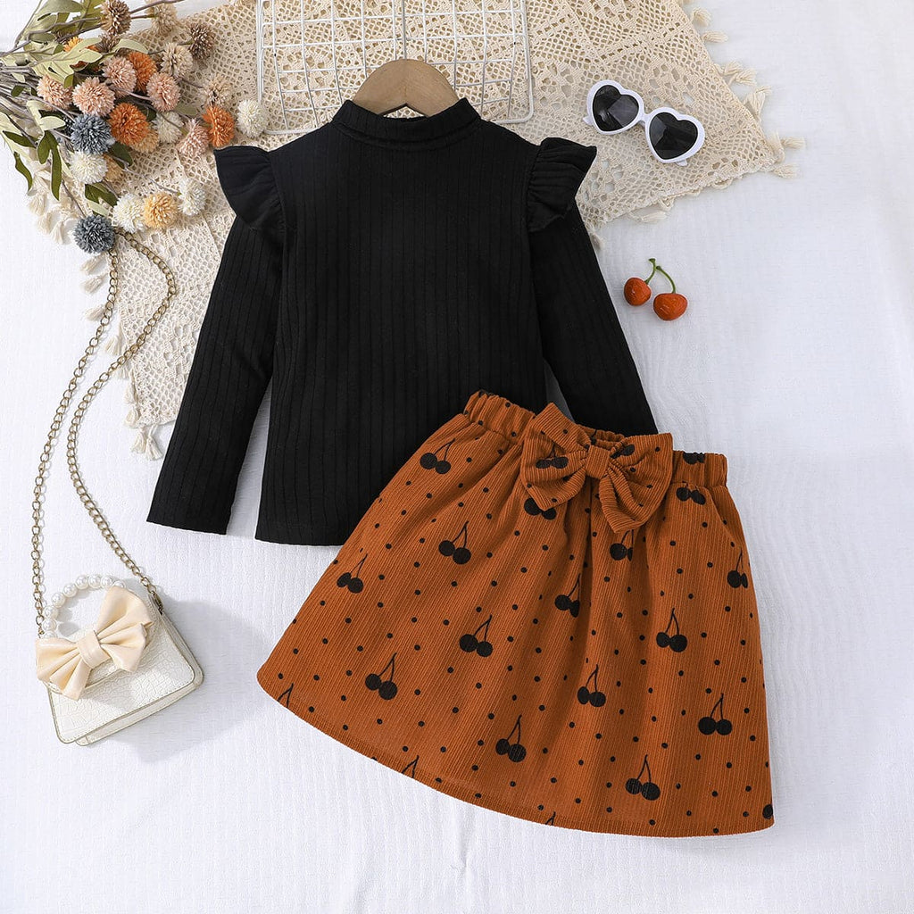 Girls Long Sleeve Top With Cherry Print Skirt Set Sets Brown 4-5 Y 