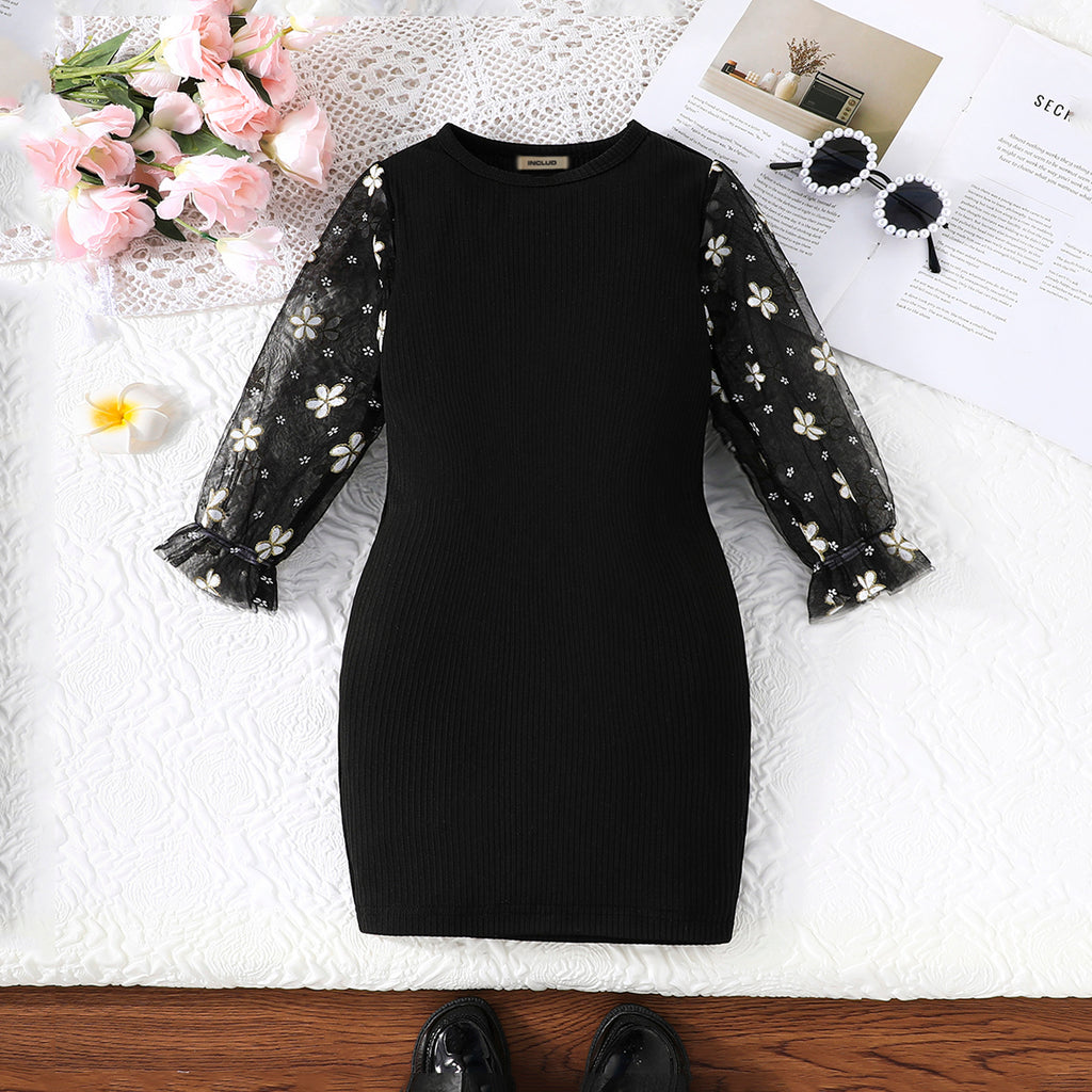 Girls Black Floral Print Bodycon Dress Casual Dresses Black 4-5 Y 