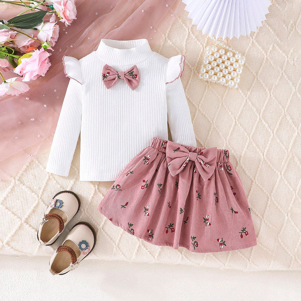 Girls Pink Knitted Top with Corduroy Printed Skirt Set Sets Pink 6-9 M 