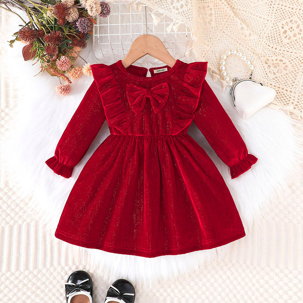 Girls Red Velvet Long Sleeve Fit & Flare Dress Casual Dresses Red 6-9 M 