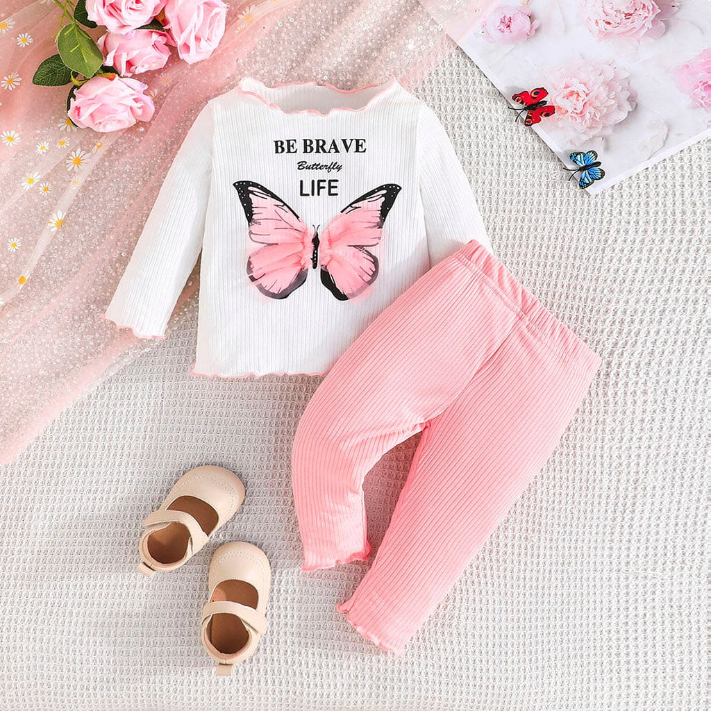 Girls Pink Butterfly Print Knitted Top with Pants Set Sets Pink 6-9 M 